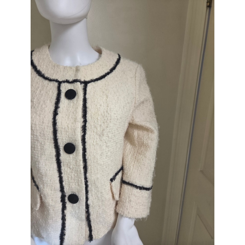 Milly‎ of New York Cream Black Boucle Tweed Wool Blend Jacket Silk Trim Size 6 - Picture 5 of 9